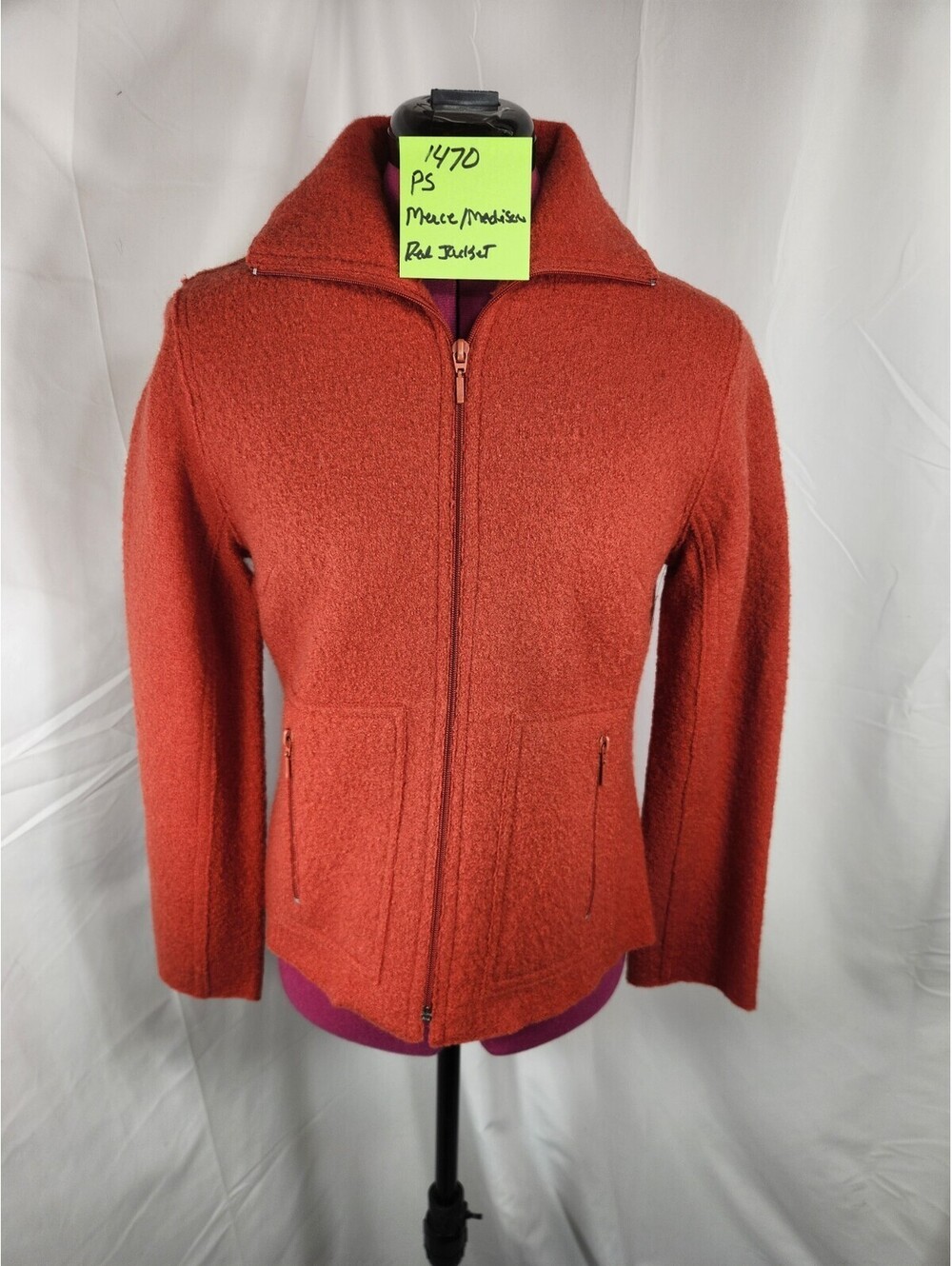 Mercer & Madison Orange Red Boiled Wool Zip Up Jacket NWOT Size PS